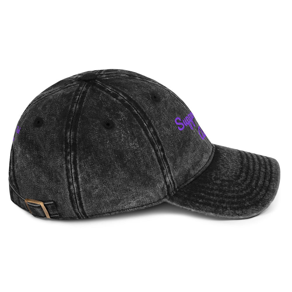 Black vintage cotton twill cap with "Support Local Artists" embroidery by Petals & Ash Studio, shown from the right side.