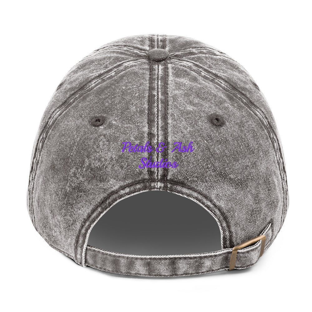 Charcoal grey vintage cotton twill cap with "Support Local Artists" embroidered front, by Petals & Ash Studio.