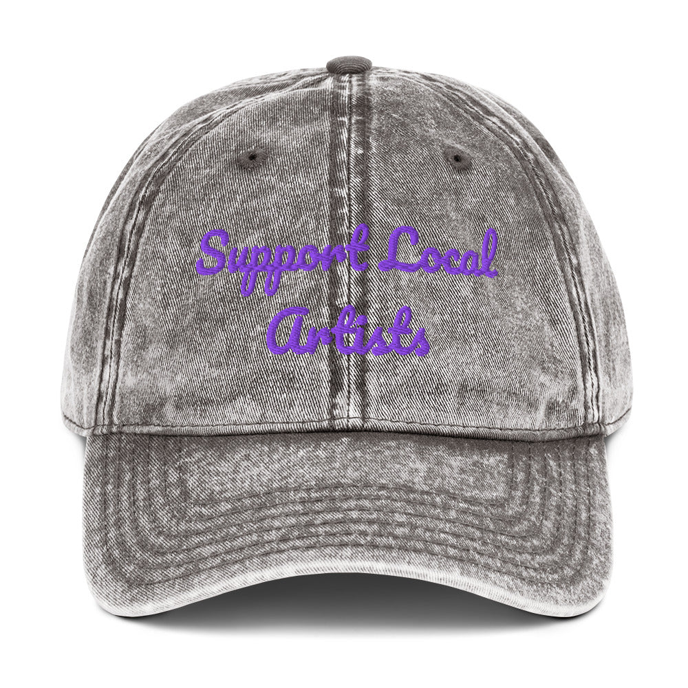 Charcoal grey vintage cotton twill cap with "Support Local Artists" embroidery by Petals & Ash Studio, front view.