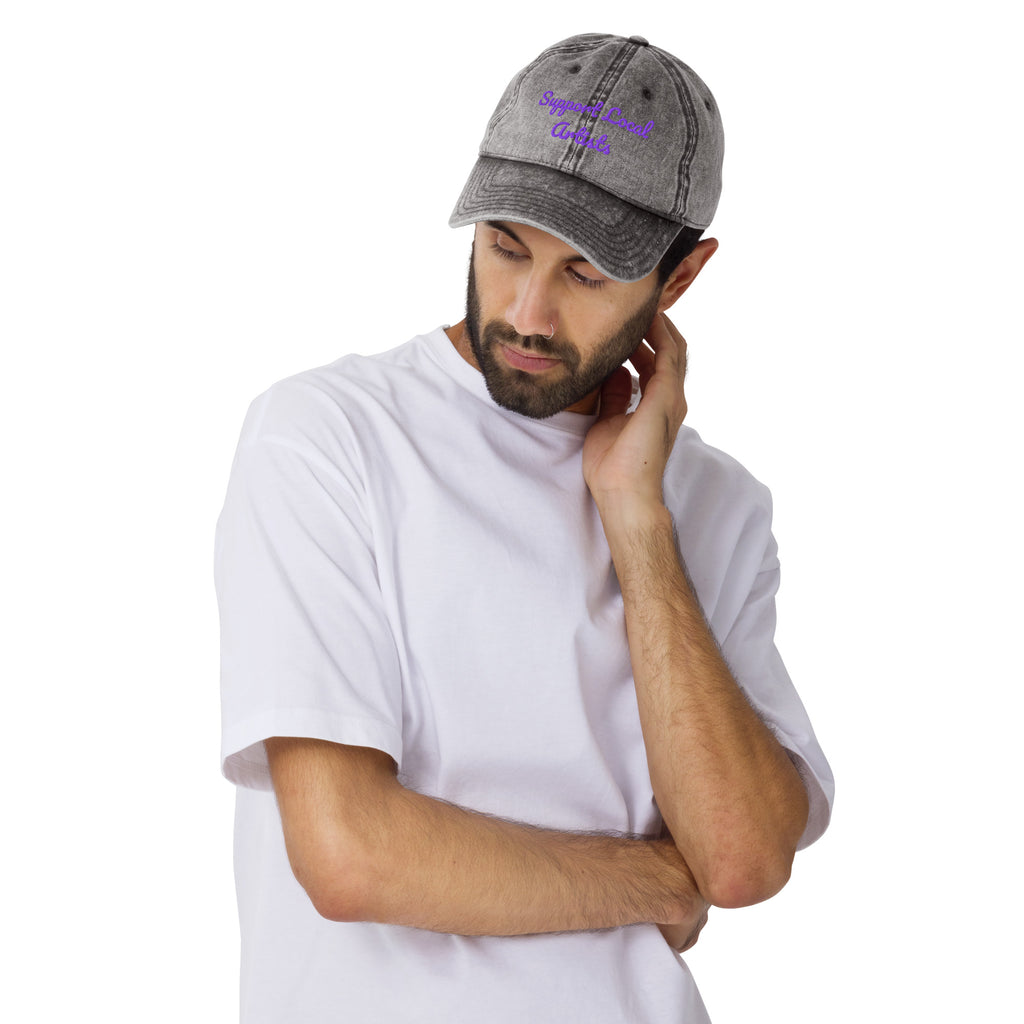 Charcoal grey vintage cotton twill cap with "Support Local Artists" embroidered front by Petals & Ash Studio.