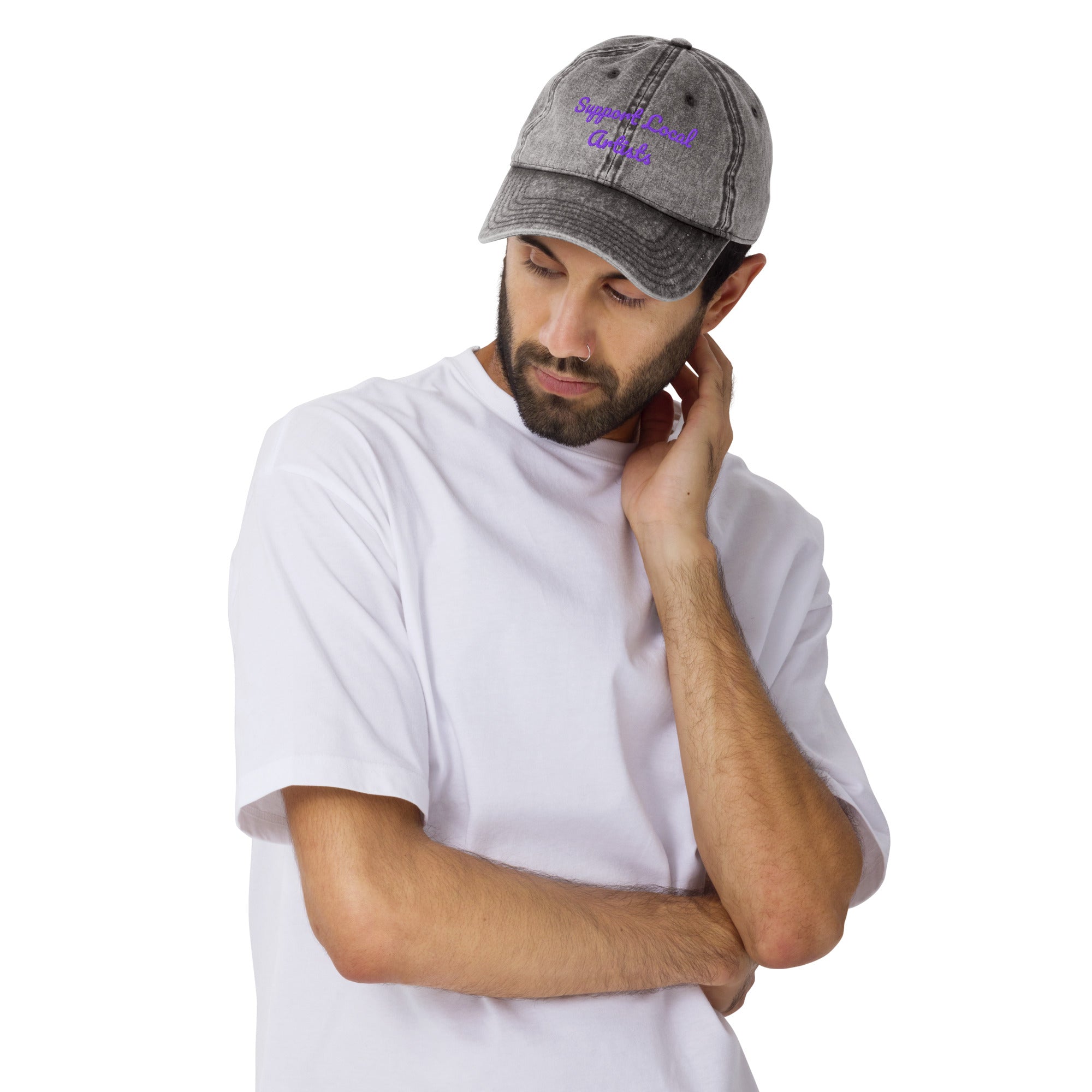 Charcoal grey vintage cotton twill cap with "Support Local Artists" embroidered front by Petals & Ash Studio.