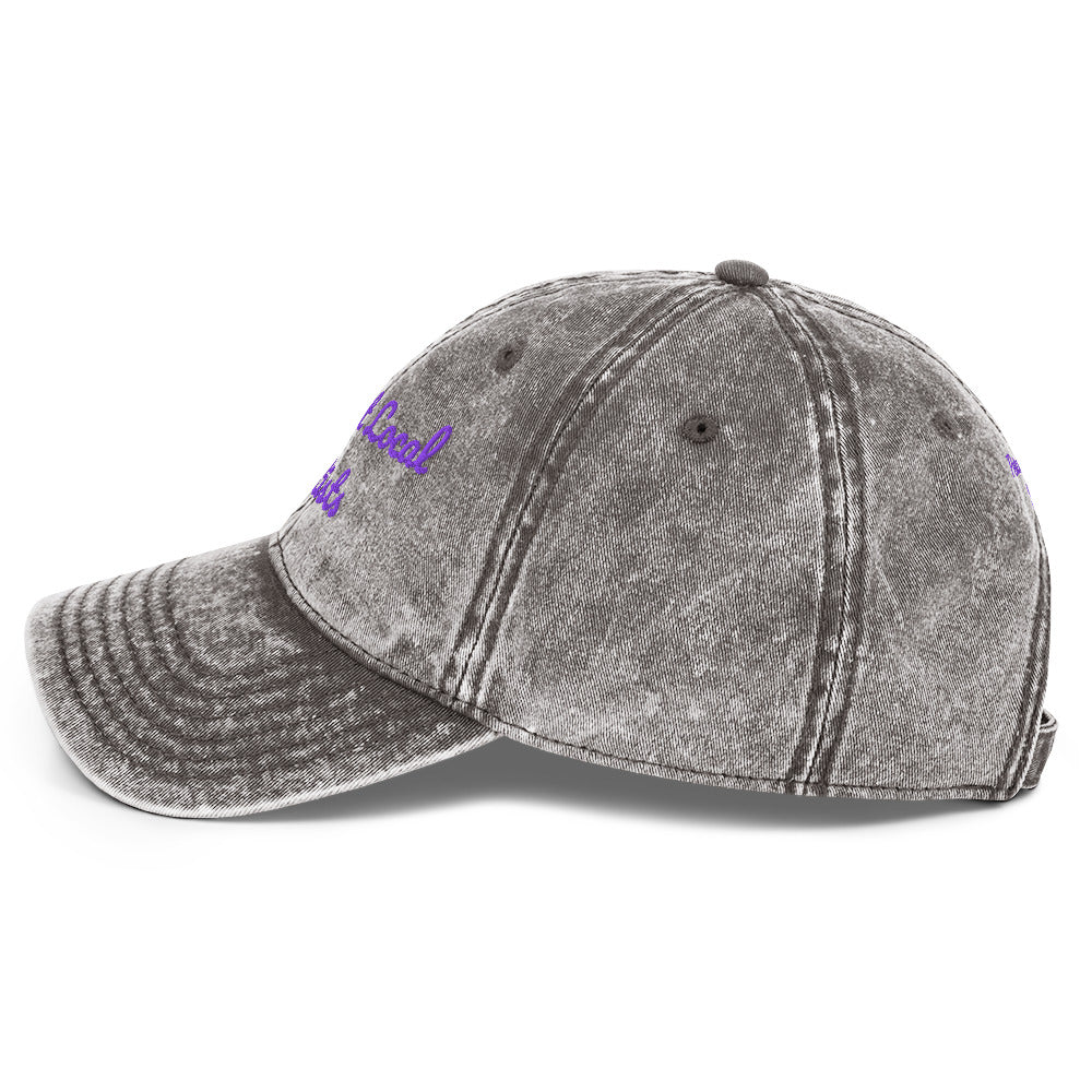 Charcoal grey vintage cotton twill cap with "Support Local Artists" embroidery, designed by Petals & Ash Studio, showing left side view.
