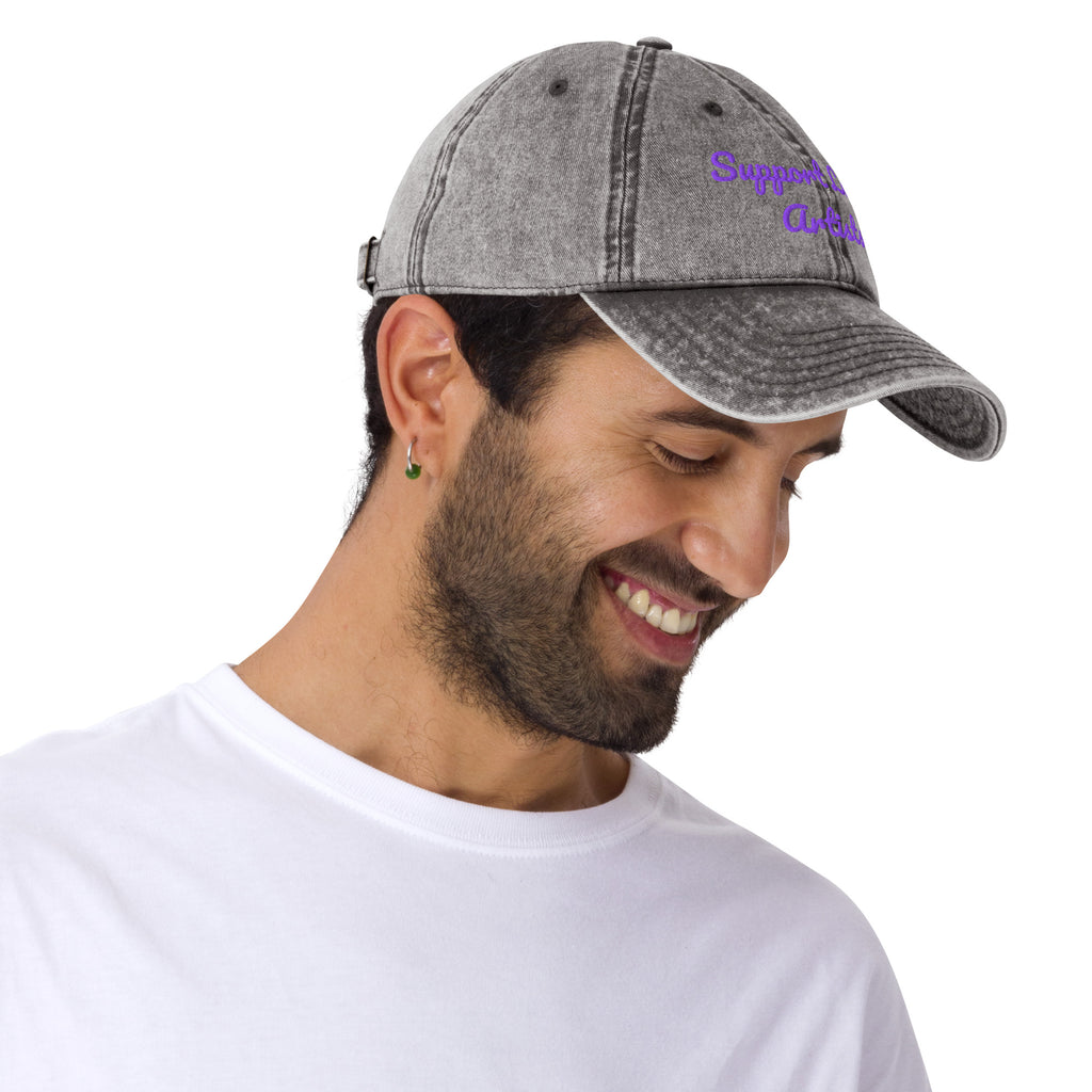 Charcoal grey vintage cotton twill cap with "Support Local Artists" embroidery, right-front view by Petals & Ash Studio.