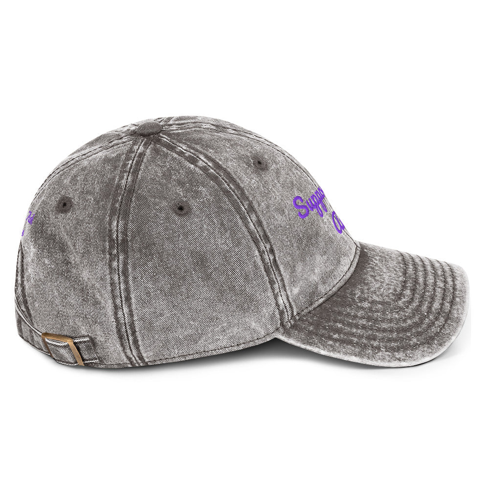 Charcoal grey vintage cotton twill cap with "Support Local Artists" embroidery by Petals & Ash Studio, shown from the right side.